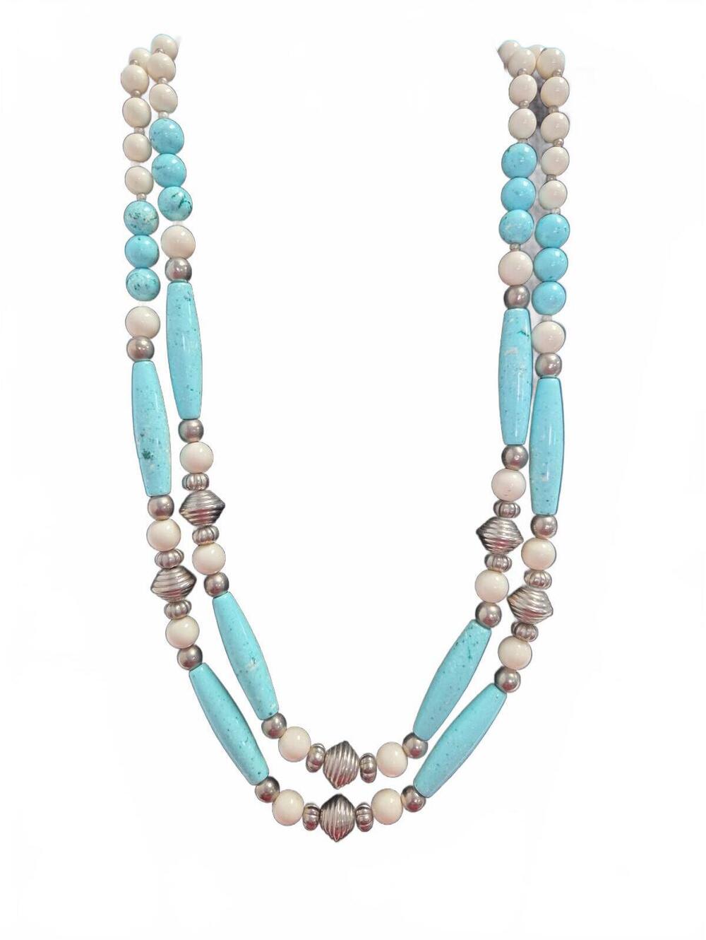 Vintage Two-Strand Turquoise and Silver Beaded Necklace